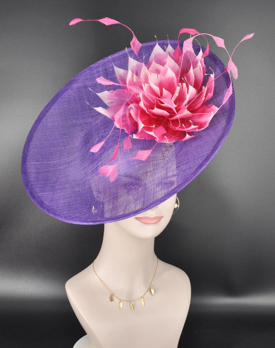 Purple (More Colors Options)Sinamay Saucer with Upturned Brim Hat w Multi  Pink Colors Jumbo Feather Flower  Kentucky Derby Hat