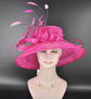 Fuchsia Sinamay Derby Hat: Wide Brim Feather Ascot Hat