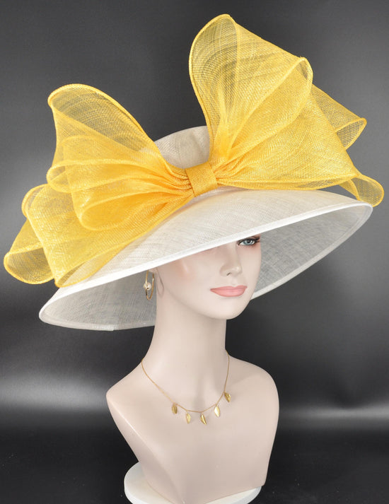 Sinamay Derby Hat: White Wide Brim with Yellow Bow