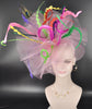 Kentucky Derby Fascinator Hat: Pink, Green, Yellow Peacock Feathers