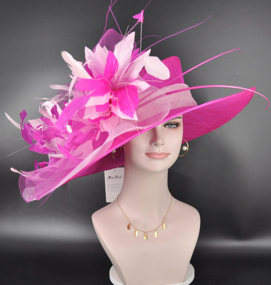 Wide Brim Kentucky Derby Hat, Ascot Hat for Wedding & Tea Party, Garden Party Hat, Mother of the Bride, Church Fuchsia Pink Baby Pink