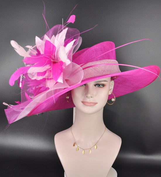 Fuchsia Pink Sinamay Kentucky Derby Hat: Feather Floral Wide Brim