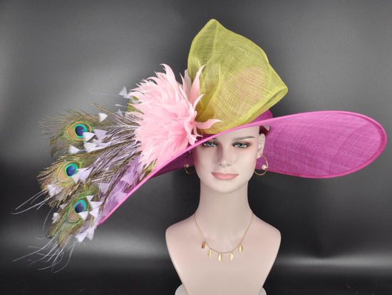 Wide Brim Kentucky Derby Hat,Ascot Hat for Wedding & Tea Party,Garden Party Hat,Mother of the Bride, Church Fuchsia Pink Green Pink Lavender
