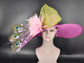 Fuchsia Pink Green Pink  Royal Ascot Horse Race Oaks day hat Carriage Tea Party Wedding Kentucky Derby Hat Party Hat Wide Brim Sinamay Hat