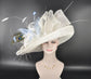 Sinamay Kentucky Derby Hat: White & Blue Feather Wide Brim