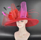 Red Fuchsia Sinamay Derby Hat: Feather Flower Tea Party Hat