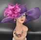 Purple Sinamay Kentucky Derby Hat: Hot Pink Feather Flower Wide Brim