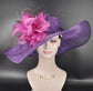Purple Sinamay Kentucky Derby Hat: Hot Pink Feather Flower Wide Brim