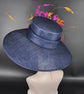 Navy Blue,Fuchsia Pink, Orange Feather Flower Wide Brim Sinamay hat, Kentucky derby Hat, Wedding Guest Hat, Tea Party Hat, Ascot Royal Style