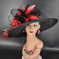 Wide Brim Sinamay Kentucky Derby Hat: Black with Red Rose