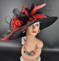 Wide Brim Sinamay Kentucky Derby Hat: Black with Red Rose