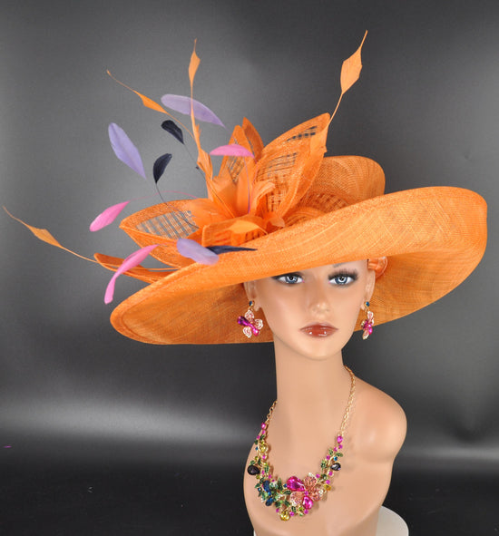 Church, Kentucky Derby Hat ,Carriage, Tea Party, Wedding, Wide Brim Sinamay Hat, Royal Ascot Hat, Horse Race Hat, Oaks day hat Orange