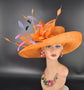 Church, Kentucky Derby Hat ,Carriage, Tea Party, Wedding, Wide Brim Sinamay Hat, Royal Ascot Hat, Horse Race Hat, Oaks day hat Orange