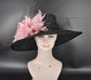 Wide Brim Black Sinamay Derby Hat: Pink Feather Flower