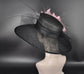 Wide Brim Black Sinamay Derby Hat: Pink Feather Flower