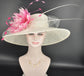 Wide Brim Sinamay Derby Hat: Off White & Pink Feather Flower