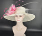 Wide Brim Sinamay Derby Hat: Off White & Pink Feather Flower