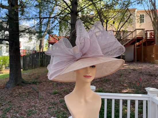 Wide Brim Sinamay Derby Hat: Champagne Lavender Jumbo Bow