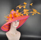 Orange & Hot Pink Feather Flower Derby Hat: Wide Brim Sinamay Straw Tea Party Hat
