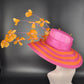 Orange & Hot Pink Feather Flower Derby Hat: Wide Brim Sinamay Straw Tea Party Hat