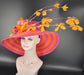 Orange & Hot Pink Feather Flower Derby Hat: Wide Brim Sinamay Straw Tea Party Hat