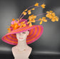 Orange & Hot Pink Feather Flower Derby Hat: Wide Brim Sinamay Straw Tea Party Hat
