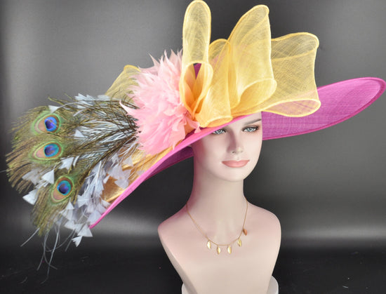 Fuchsia Sinamay Derby Hat: Wide Brim Feathered Ascot Hat