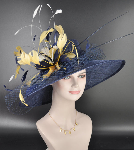 Wide Brim Sinamay Hat Church Kentucky Derby Hat Carriage Tea Party Wedding Hat Feather Flower  Quills Navy blue with God White