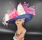 Navy Kentucky Derby Hat: Pink Floral Sinamay Wide Brim