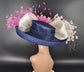 Navy Kentucky Derby Hat: Pink Floral Sinamay Wide Brim