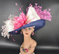 Navy Kentucky Derby Hat: Pink Floral Sinamay Wide Brim