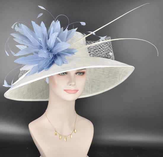 Wide Brim Kentucky Derby Hat, Ascot Hat for Wedding & Tea Party, Garden Party Hat, Mother of the Bride, Church White W Powder Blue