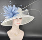 Wide Brim Kentucky Derby Hat, Ascot Hat for Wedding & Tea Party, Garden Party Hat, Mother of the Bride, Church White W Powder Blue