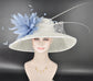 Wide Brim Kentucky Derby Hat, Ascot Hat for Wedding & Tea Party, Garden Party Hat, Mother of the Bride, Church White W Powder Blue