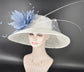 Wide Brim Kentucky Derby Hat, Ascot Hat for Wedding & Tea Party, Garden Party Hat, Mother of the Bride, Church White W Powder Blue