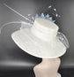 Wide Brim Kentucky Derby Hat, Ascot Hat for Wedding & Tea Party, Garden Party Hat, Mother of the Bride, Church White W Powder Blue
