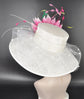 Wide Brim Sinamay Derby Hat: Pink Flower & Feather Ascot Hat