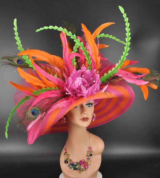 Wide Brim Derby Hat: Peacock Feather Sinamay Ascot Hat