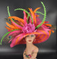Hot Pink & Orange Green Kentucky Derby Hat  Peacock Feather Wide Brim Sinamay Straw Hat for Garden Party, Ascot,  Weddings, Tea Party