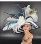 Navy Blue & White Teal Blue Kentucky Derby Hat  Peacock Feather Wide Brim Sinamay Straw Hat for Garden Party, Ascot,  Weddings, Tea Party