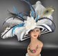 Navy Blue & White Teal Blue Kentucky Derby Hat  Peacock Feather Wide Brim Sinamay Straw Hat for Garden Party, Ascot,  Weddings, Tea Party