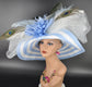 Kentucky Derby Hat: Light Blue Sinamay Straw Wide Brim with Peacock Feathers