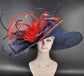 Navy Blue Sinamay Derby Hat: Red Feather Ascot Race Day Hat