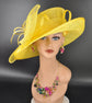Lemon Yellow Sinamay Kentucky Derby Hat: Wide Brim Floral Millinery