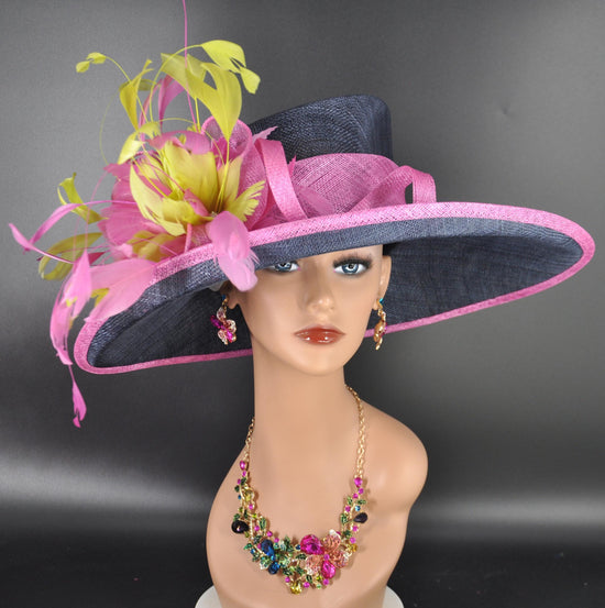 Sinamay Kentucky Derby Hat: Navy, Hot Pink & Lime Green Feather Flower