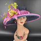 Sinamay Kentucky Derby Hat: Navy, Hot Pink & Lime Green Feather Flower