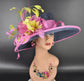 Sinamay Kentucky Derby Hat: Navy, Hot Pink & Lime Green Feather Flower