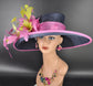 Sinamay Kentucky Derby Hat: Navy, Hot Pink & Lime Green Feather Flower