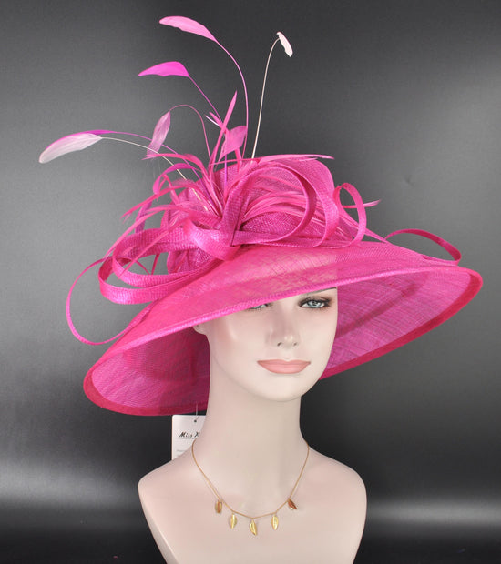 Fuchsia Sinamay Derby Hat: Wide Brim Feather Ascot Hat
