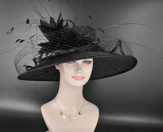 Black Wide Brim Kentucky Derby Hat,Ascot Hat for Wedding & Tea Party, Garden Party Hat, Mother of the Bride, Church